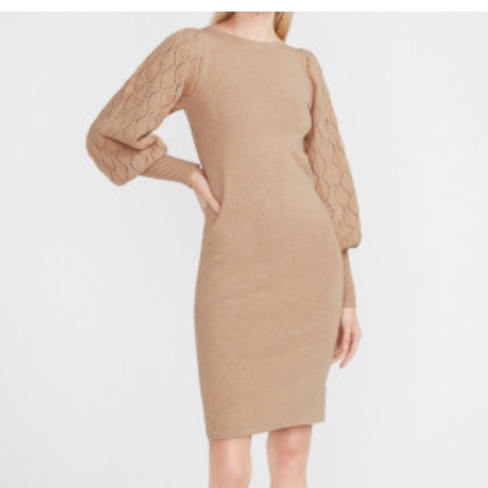 Express Sweater Dress Medium Tan Open Knit Sleeve
